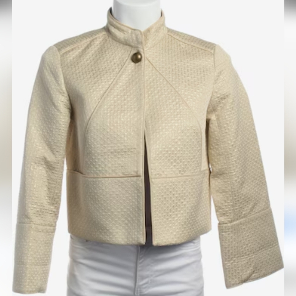 Diane Von Furstenberg Gold Thread On Cream Cropped Blazer Size 0 Tweed Pattern